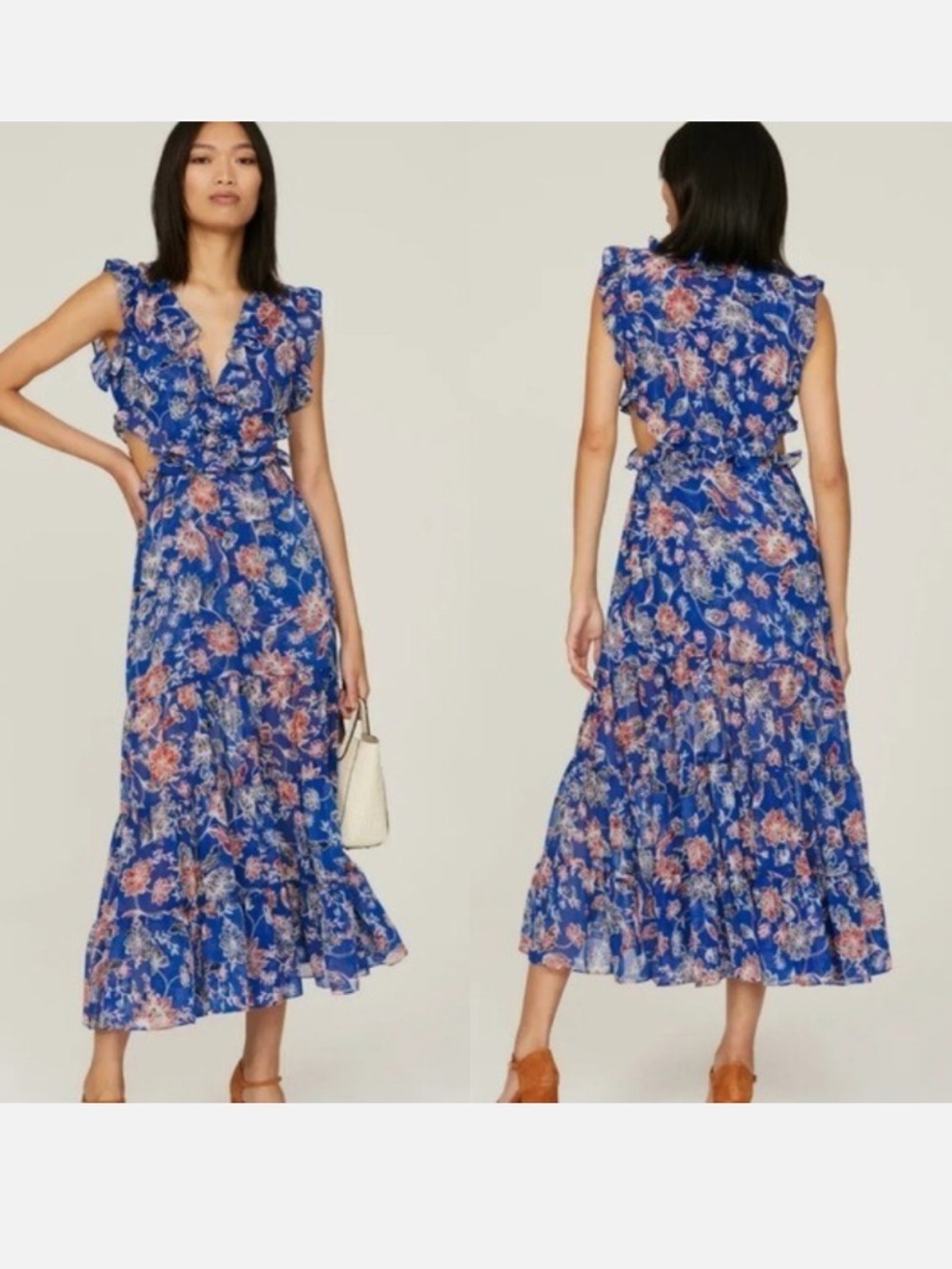 MISA Los Angeles Natasha Blue Floral Cutout Ruffle Midi Dress Size S